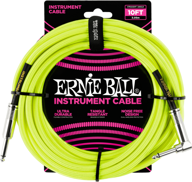 Ernie Ball 6080 Woven Sleeve Instrument Cable Woven Jack/Jack Sleeve Curved 3M Fluorescent Yellow