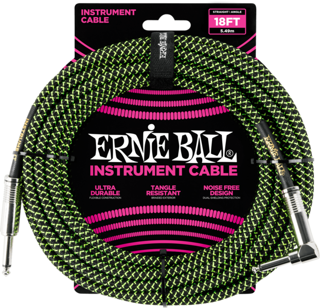 Ernie Ball 6082 Woven sleeve instrument cable woven Jack/Jack bend 5,5M Black/Green
