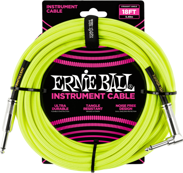 Ernie Ball 6085 Woven Sleeve Instrument cables Woven Jack/Jack Sleeve Angled 5,5M Yellow